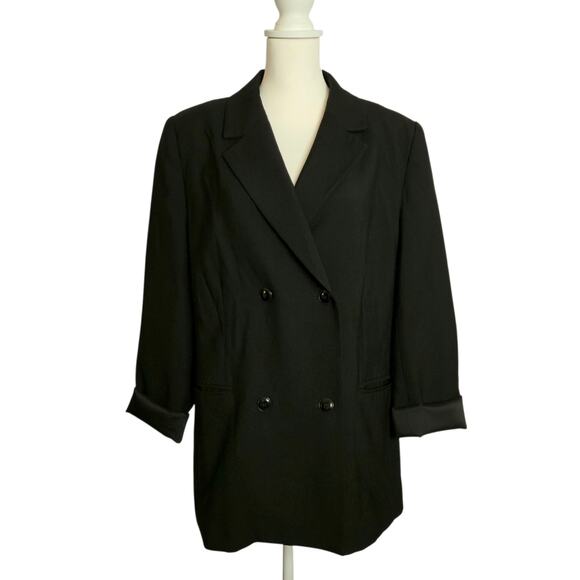 FRAME Wool Double Breasted Blazer Size 12 Noir Black Shoulder Pads Classic Chic - Picture 2 of 12